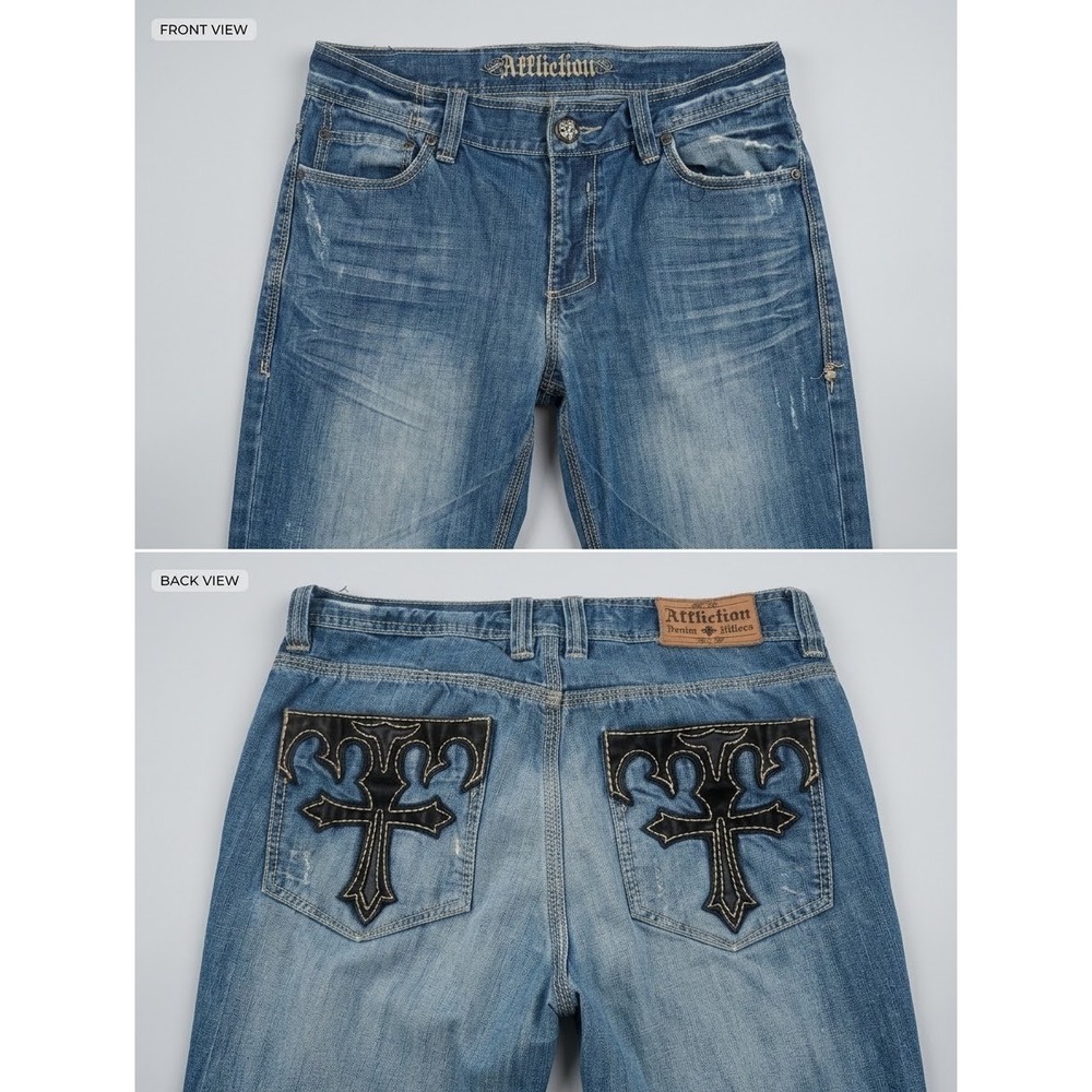 Affliction Denim Heavy Stitch Jeans 34x33 Light Blue Embroidered Cross Pockets